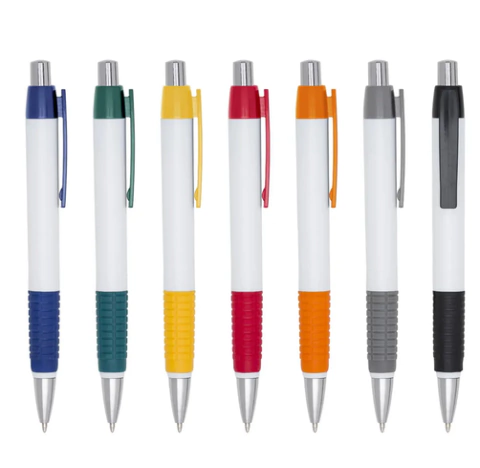 Caneta Plástica Retrátil com Detalhes Coloridos e Grip emborrachado - comprar online