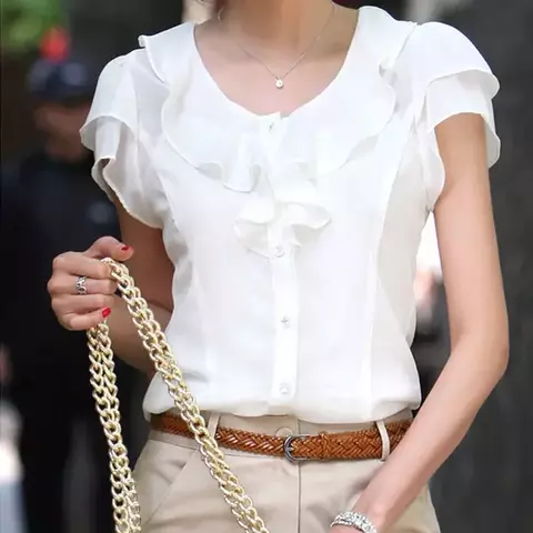 Camisa Feminina Korean Lotus – Chiffon Elegante com Babados e Gola Clássica