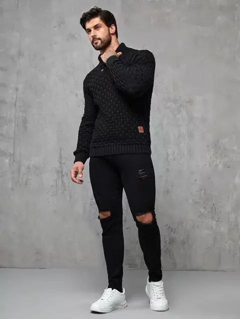 Suéter Slim Fit Casual Masculino com Detalhes Remendados – Outono/Inverno