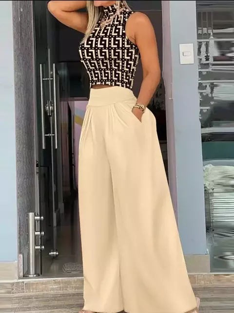 Conjunto Casual Feminino Verão 2025 – Duas Peças com Estampas e Cores Sólidas