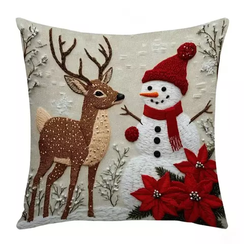 Capa Natalina 45x45cm – Almofada com Desenhos de Natal Elk, Noel e Boneco de Neve