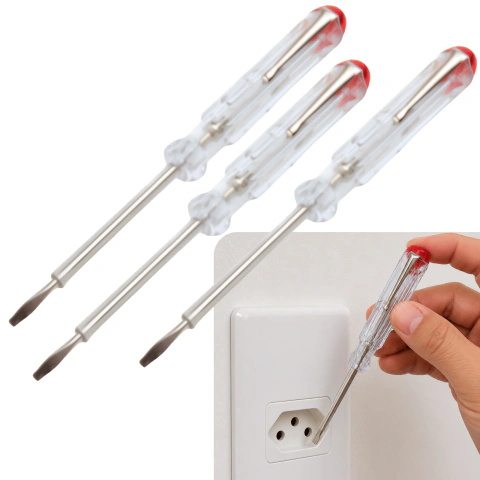 KIT 3 CHAVE TESTE 100-500V COM HASTE AÇO CARBONO CABO INJETADO EM PVC TRANSPARENTE VERIFICADOR DETECTOR DE ENERGIA ELETRECISTA FOXLUX