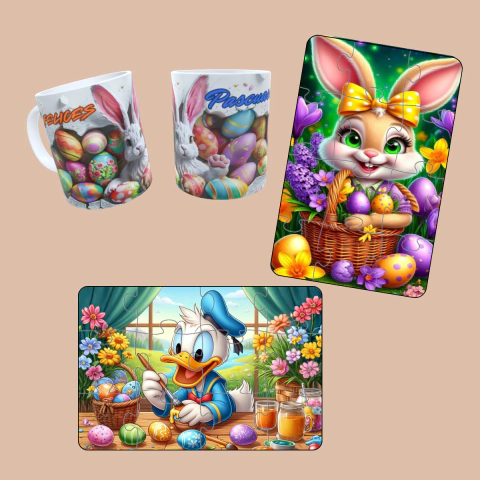 Combo de Pascuas: 2 rompecabezas de 8 piezas + 1 taza de polímero