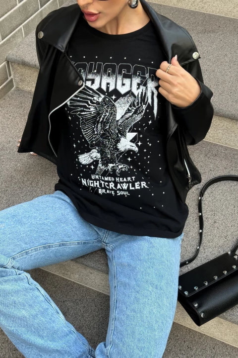 T-SHIRT ESTONADA ÁGUIA VOYAGE (COM METAIS) PRETA