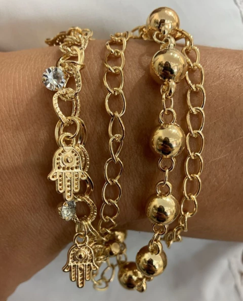 Pulseira Mão de Fatima 4 em 1 Dourada