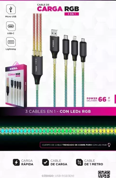 Cable Usb Soul RGB 3 en 1 60w PD Tipo C- Lightning- Micro usb - comprar online