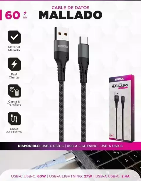 Cable Usb Soul mallado Lightning blanco - comprar online