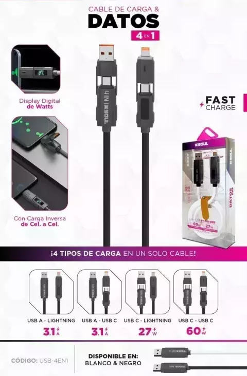 Cable Soul usb 4 en 1 60w PD c/ display negro - comprar online