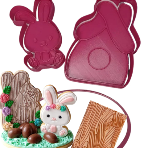Kit Com 3 Cortadores e 1 Textura para Biscoito Pasta Americana Biscuit de Páscoa Coelho com a Casinha de Mesa CT12067