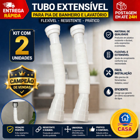 Kit C/ 2 Sifão Flexível Sanfonado Ajustável Pia Cozinha Tanque Branco