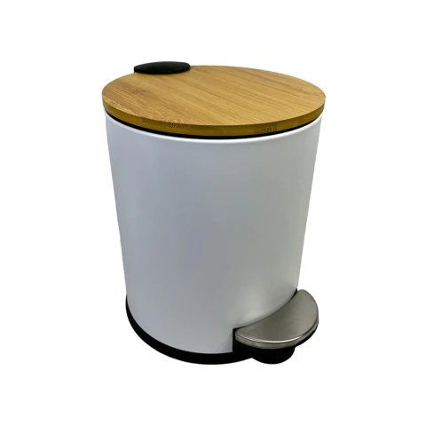 Lixeira de Metal com Pedal e Tampa de Bambu - Cilíndrica - YS003