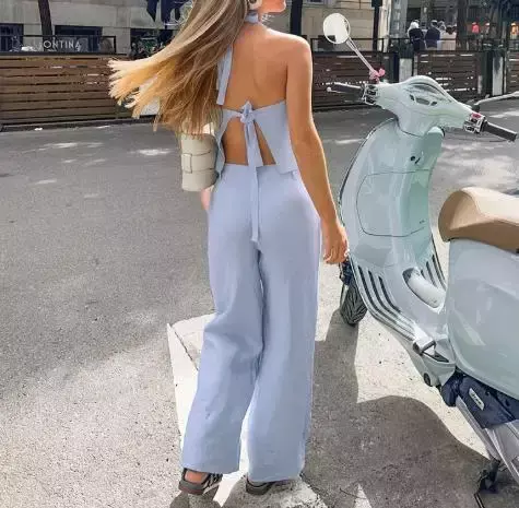 2025 verão conjunto de duas peças roupa feminina cor sólida halter sem mangas