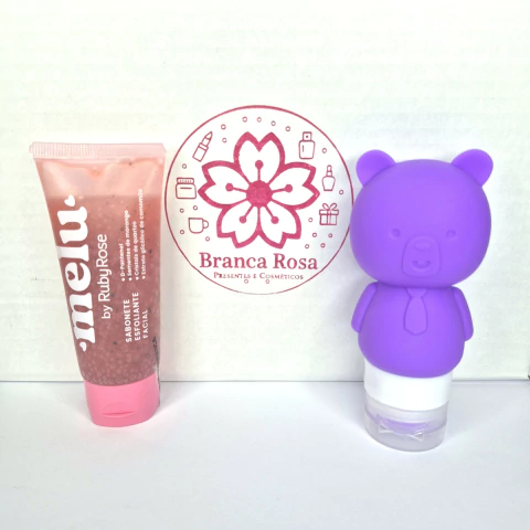 Esfoliação e Fofura (02 itens): Sabonete Esfoliante Facial + Frasco pra viagem (escolha seu esfoliante facial e cor do frasco)