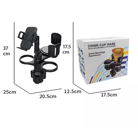SOPORTE DE AUTO PARA 2 VASOS Y CELULAR + VASO GRANDE AJUSTABLE