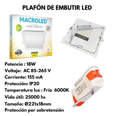 Panel LED Flat Rectangular Macroled 18W Luz Fría para Embutir