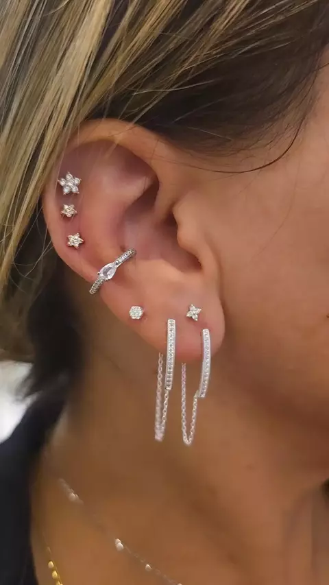 Brinco - Cravejado com Corrente - Ródio Branco