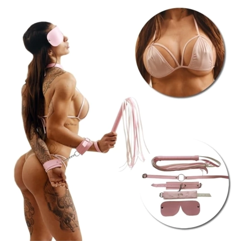 Kit De Ecocuero Rosa Con Antifaz, Mordaza, Esposas, Látigo Y Conjunto De Vinilo