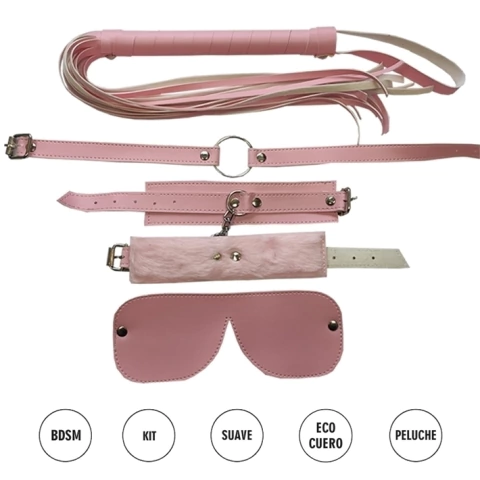 Kit De Ecocuero Rosa Con Antifaz, Mordaza, Esposas Y Látigo