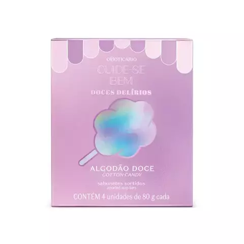 Embalagem rosa do kit de sabonetes em barra sortidos Cuide-se Bem Doces Delírios Algodão Doce com 4 unidades de 80g