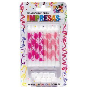 VELAS IMPRESAS BLANCAS GLOBOS ROSAS Y MAGENTAS - Blister x 8 u - comprar online