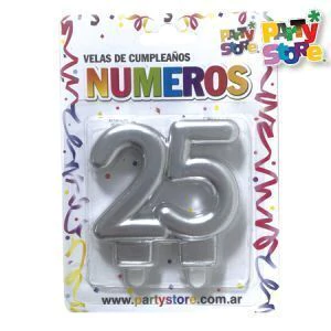 VELA NUMERO DOBLE METALIZADA PLATEADA 25 AÑOS - comprar online