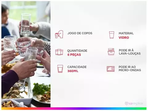 Jogo de Copos de Vidro Long Drink 360ml 6 Peças Nadir Ópera