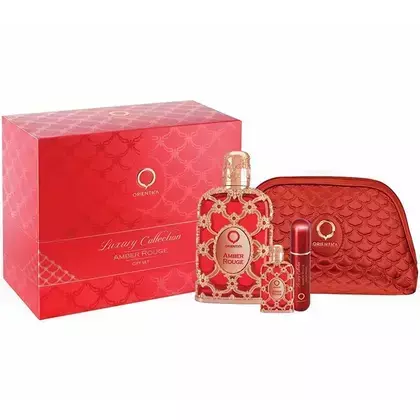 Coffret Amber Rouge Orientica Kit Perfume Árabe Feminino EDP + Travel Size + Aromatizador + Nécessaire Kit