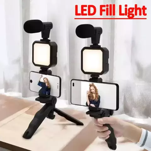 Kit de tripé para celular com luz de preenchimento LED com microfone para celul