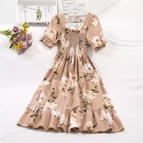 Primavera verão vestidos de chiffon moda feminina cintura elástica manga curta
