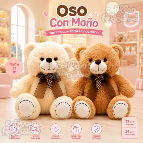 Oso Con Moño Premium 33 cm – El Peluche Más Tierno para Regalar y Abrazar