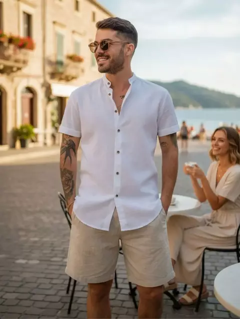 Vendedor Indicado Camisa Social Masculina Manga Curta Gola Padre Linho - Praia Verão