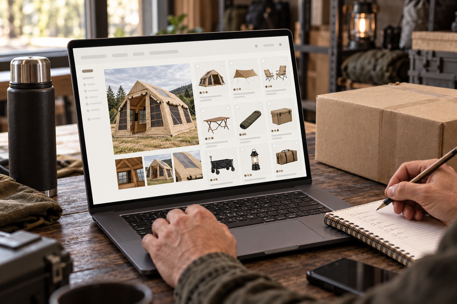 Preparación de un pedido de equipamiento junto a una notebook