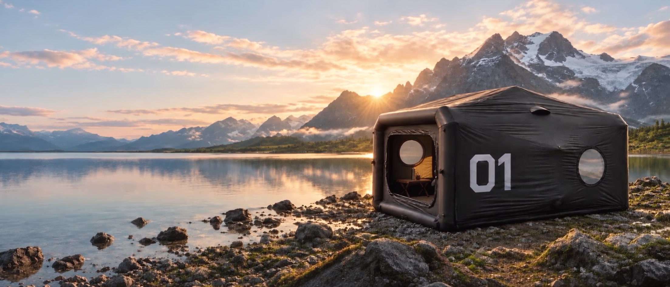 Cápsula Pro Max negra al amanecer junto a un lago de montaña