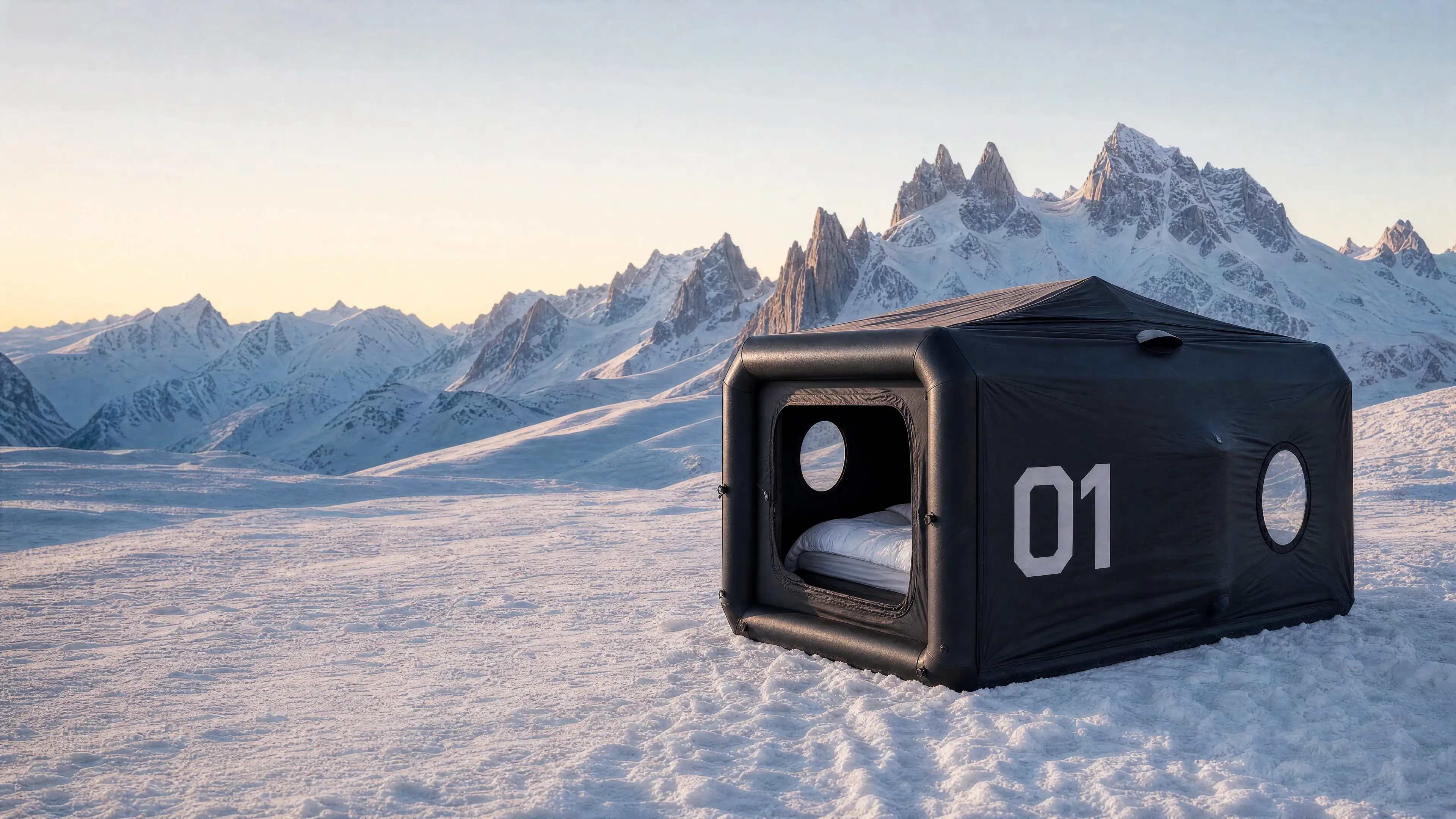 Air Capsule Pro Max negra en un paisaje de montañas nevadas, con interior iluminado por luz natural