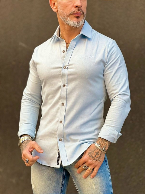 CAMISA LINHO/ALGODÃO AZUL BEBÊ