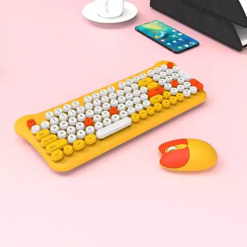 Conjunto de Teclado e Mouse Colorido Bonito Conexão Sem Fio de 2,4 Ghz para Laptop
