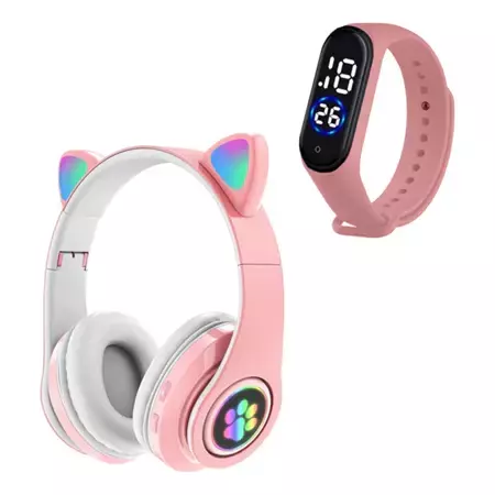 Fone Ouvido Gatinho Bluetooth Infantil + Relógio Led