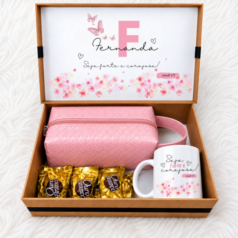 Kit Presente Personalizado Feminino Seja forte e Corajosa – Necessaire Bolsa de mão + Caneca + Caixa Presenteável