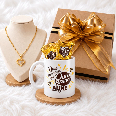 Kit Presente Personalizado Você é Meu Ouro – Caneca + Colar Semijoia + Chocolates