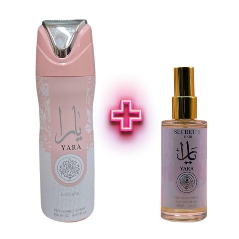 Kit Desodorante Aerosol Árabe Lattafa Yara Rosa Original - Spray Corporal Feminino e Perfume de Cabelo Capilar