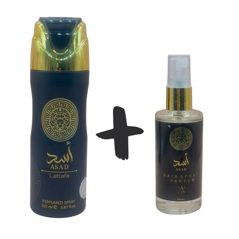 Kit Desodorante Aerosol Árabe Lattafa Asad Original - Perfume Spray Corporal Masculino e Perfume de Cabelo Capilar
