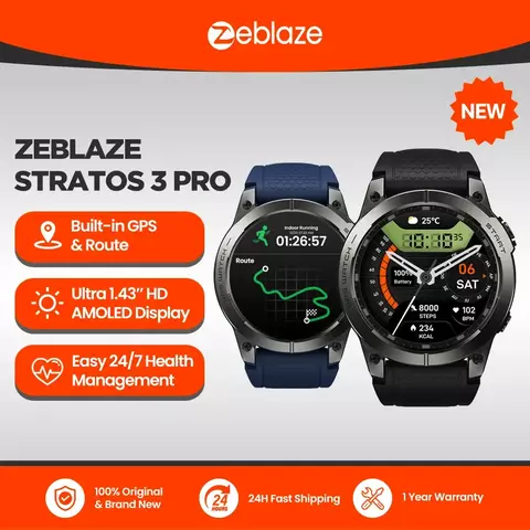 Novo zeblaze stratos 3 pro gps relógio inteligente 1.43 "hd amoled display embu