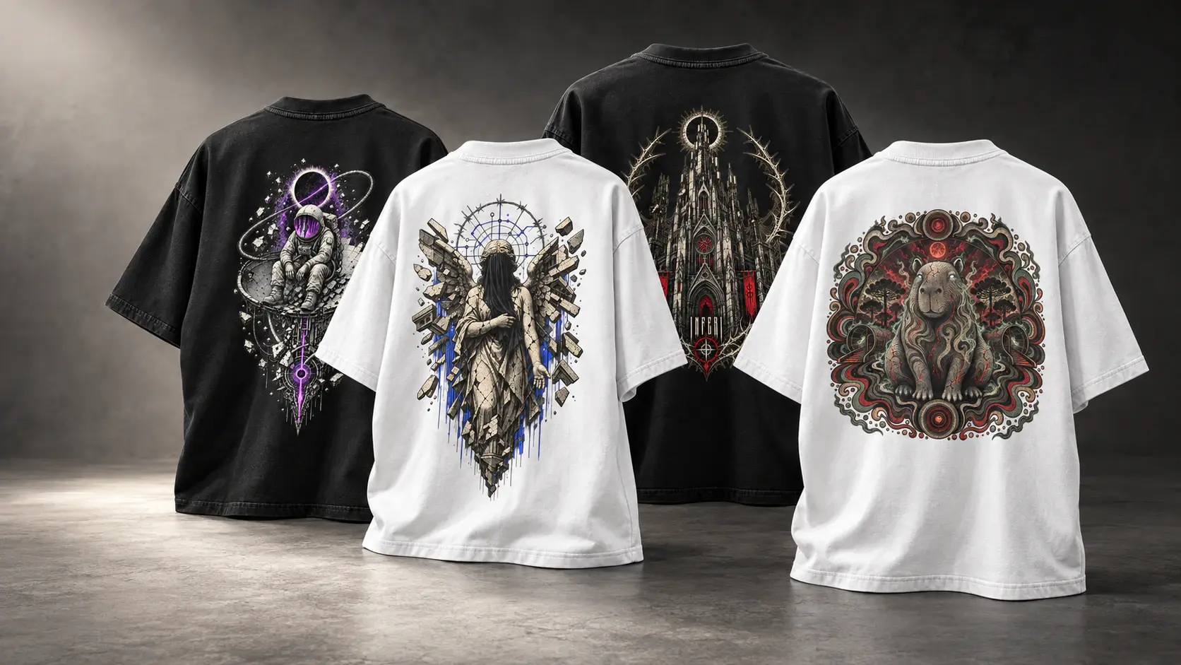 Quatro camisetas estampadas Inferi em composição editorial