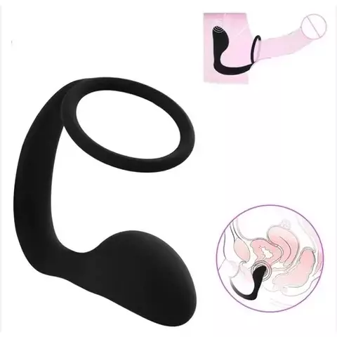 Massageador estimulador Próstata em silicone com anel peniano - Preto (AN069)