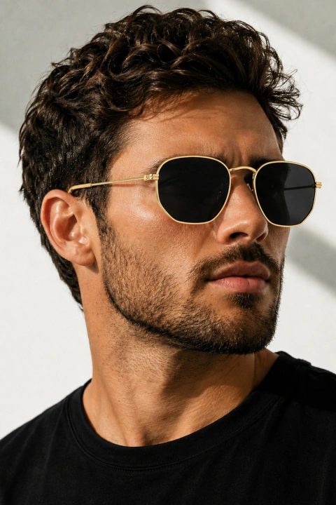 Óculos de Sol Capri Hexagonal Dourado com Preto