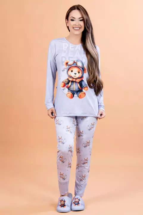 Pijama longo liganete urso na lua azul celeste