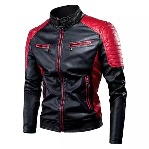 Casual motocicleta retalhos jaqueta de couro moda masculina gola vintage jaqueta