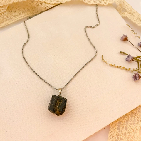 Colar Aço inox Pedra Preciosa Turmalina Natural - comprar online