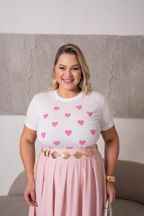 PLUS T-SHIRT - PINK HEARTS - ALGODÃO - BRANCA
