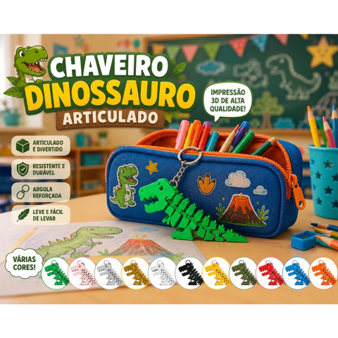 Chaveiro Dinossauro Articulado 3D Infantil | Brinquedo Flexível para Mochila, Estojo e Chaves